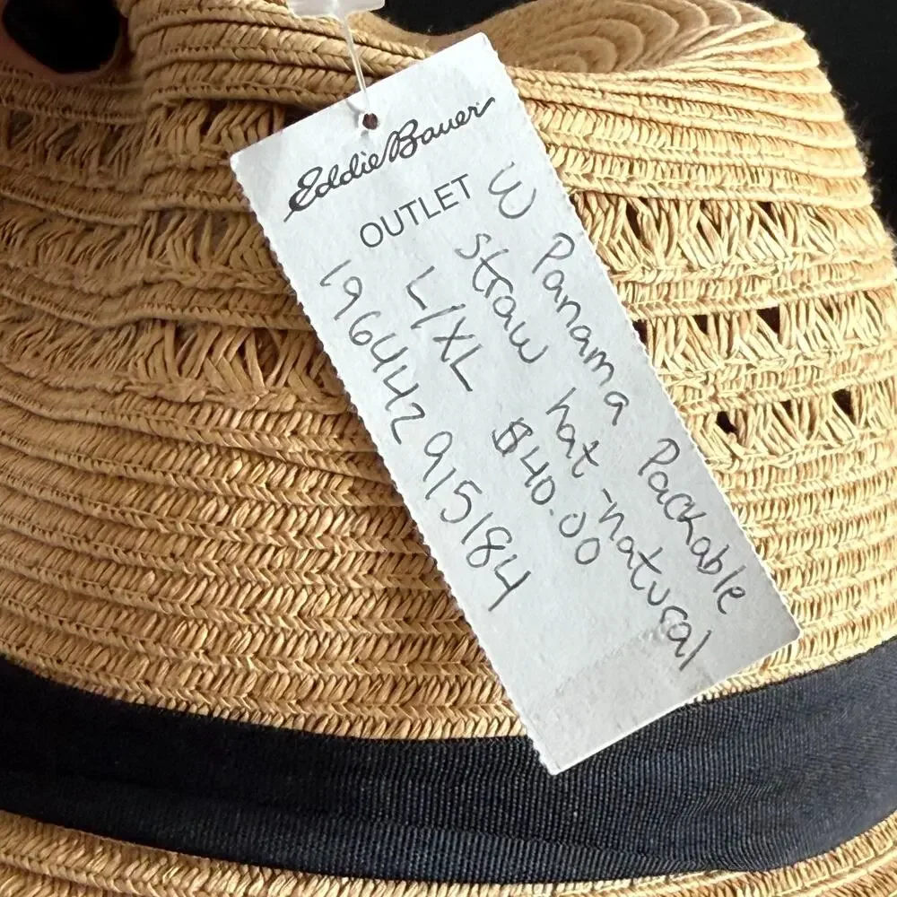Eddie Bauer Packable Straw Hat L/XL Wide Brim Sun Hat Floppy Travel Beach NWT - Picture 7 of 10